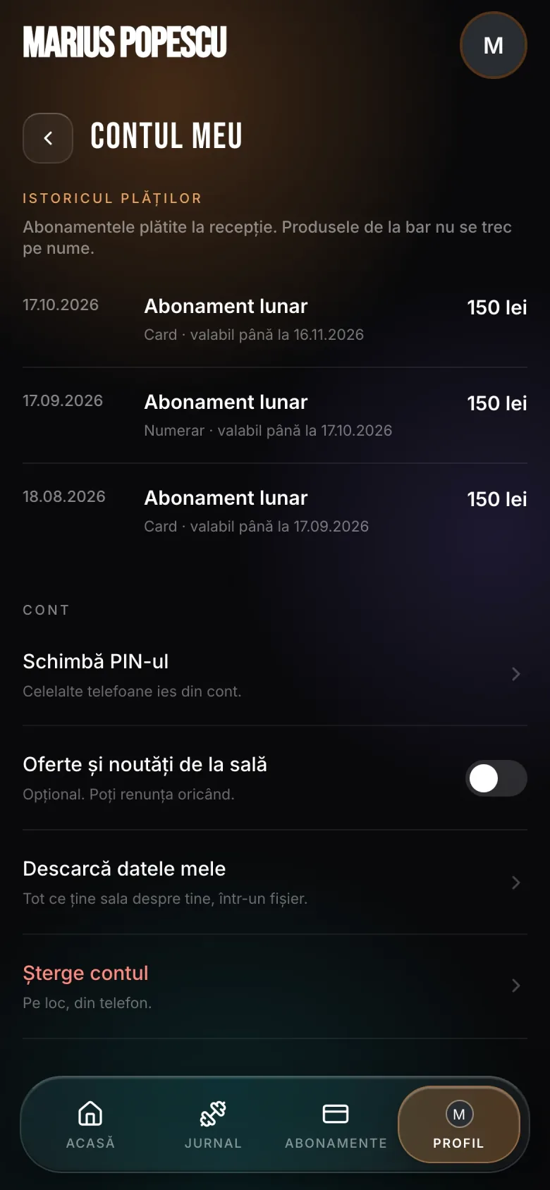 Contul meu: descarcă datele mele, șterge contul