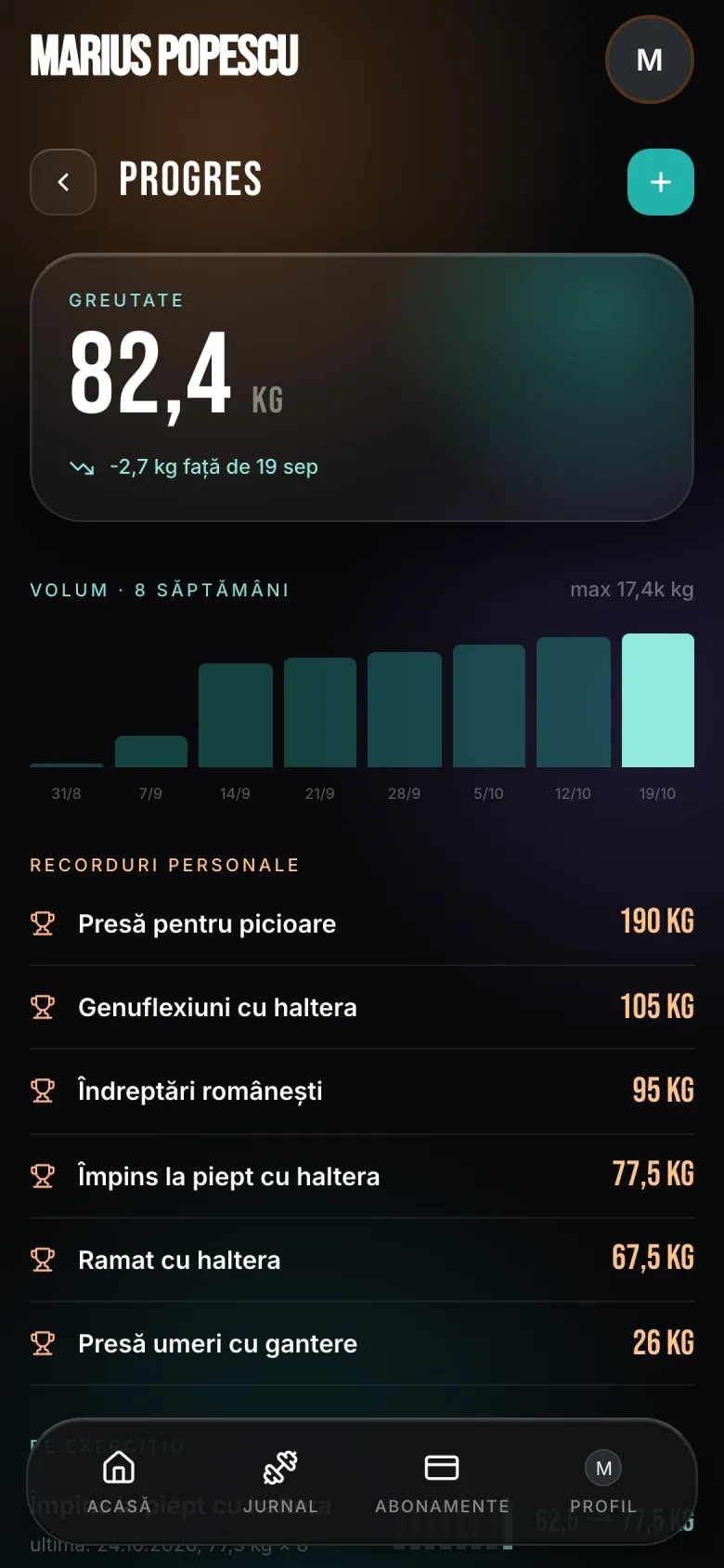 Progres: greutatea 82,4 kg, volumul pe 8 săptămâni, recordurile personale